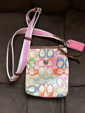 Coach Multicolor Signature Crossbody with Pink Trim and Strap